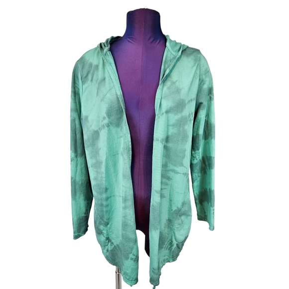 Chico's Zenergy Pima‎ Cotton Tie Dye Astro Green Hooded Cardigan Size Small - Picture 8 of 8